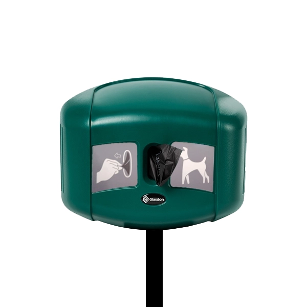 Dispensador de bolsas para fecas de perro verde en poste
