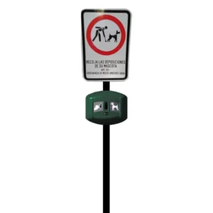 Dispensador de bolsas para fecas de perro con poste y señal