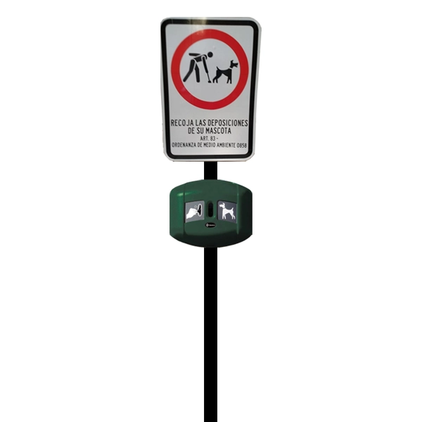 Dispensador de bolsas para fecas de perro con poste y señal