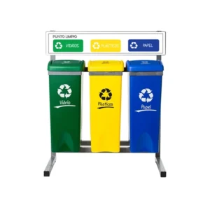 Punto verde de reciclaje de 4 contenedores con letrero y gráficas