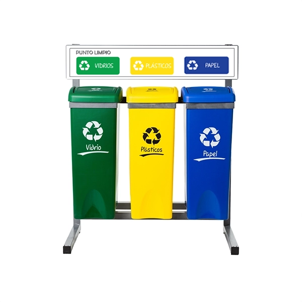 Punto verde de reciclaje de 4 contenedores con letrero y gráficas